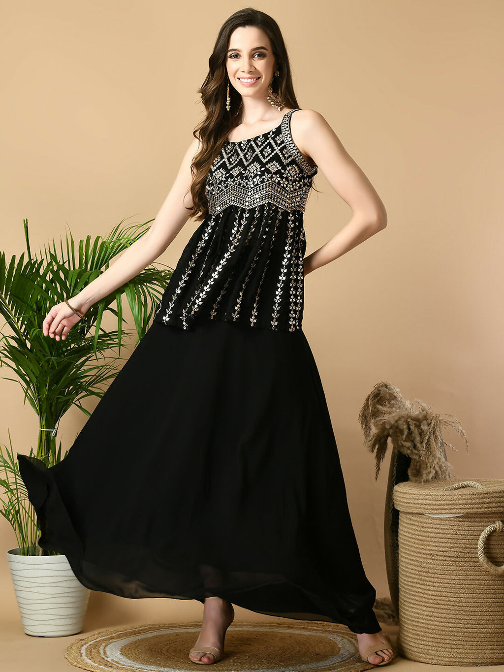 Myshka Women's Black Georgette Top With Skirt Party Sets