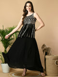 Myshka Women's Black Georgette Top With Skirt Party Sets