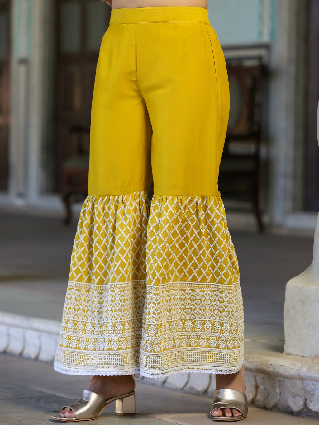 Juniper Women's Mustard Chinnon Embroidered Kurta Garara Set - Distacart