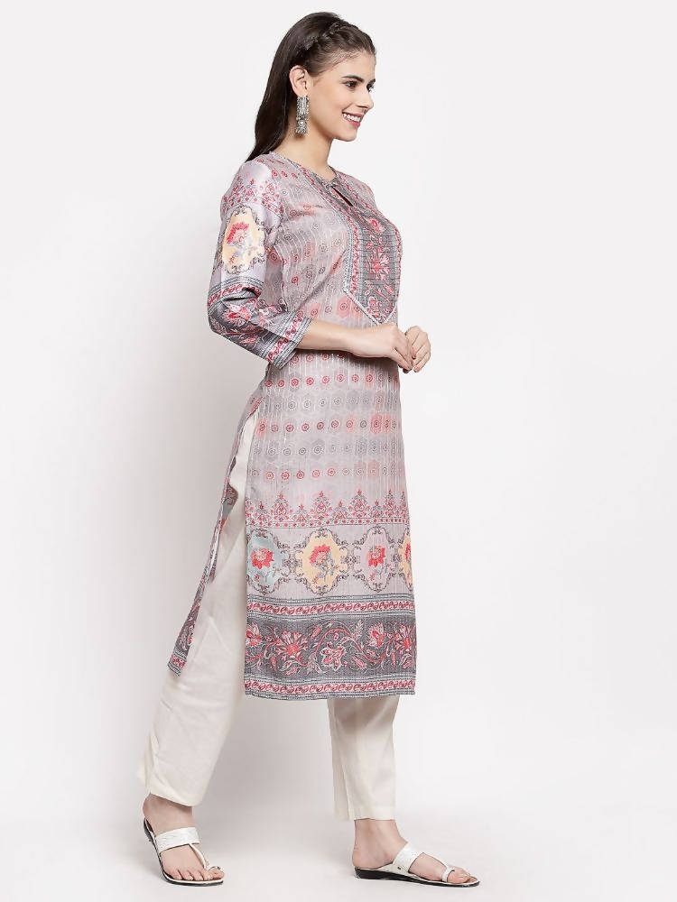Myshka Women's Beautiful Multi Cotton Printed 3/4 Sleeve Round Neck Casual Kurta