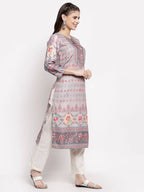 Myshka Women's Beautiful Multi Cotton Printed 3/4 Sleeve Round Neck Casual Kurta