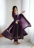 Teeya Creation Violet Color Heavy Crunchy Silk Embroidery Work Gown - Distacart