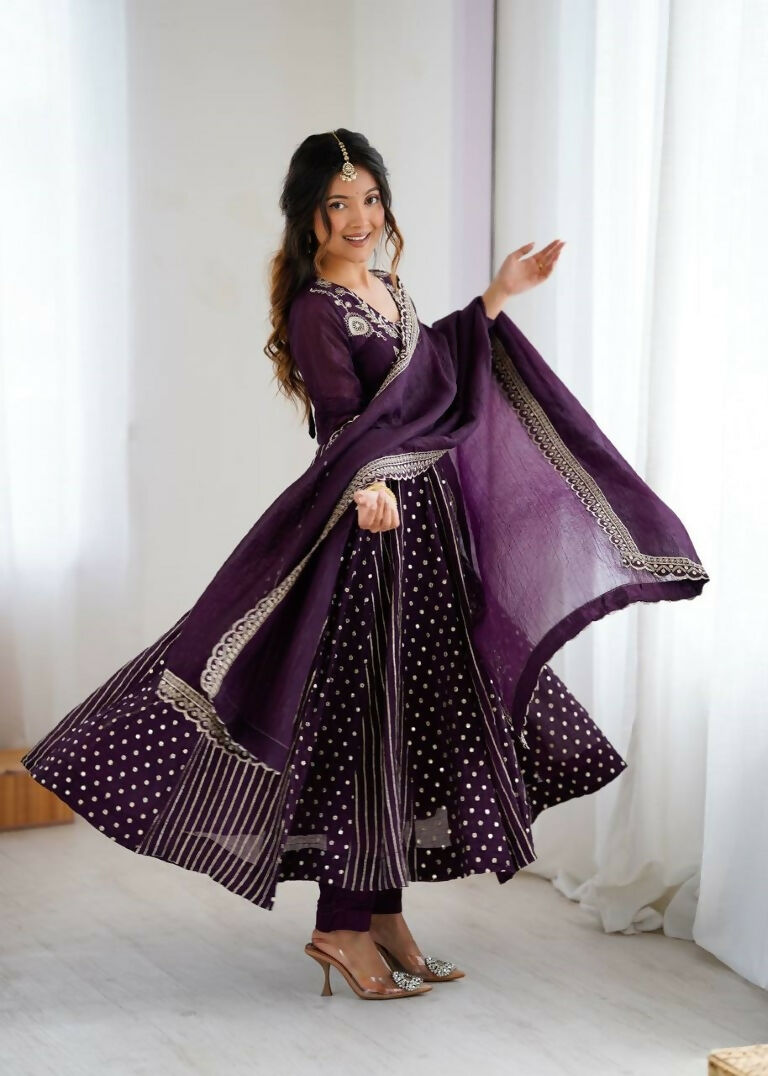 Teeya Creation Violet Color Heavy Crunchy Silk Embroidery Work Gown - Distacart