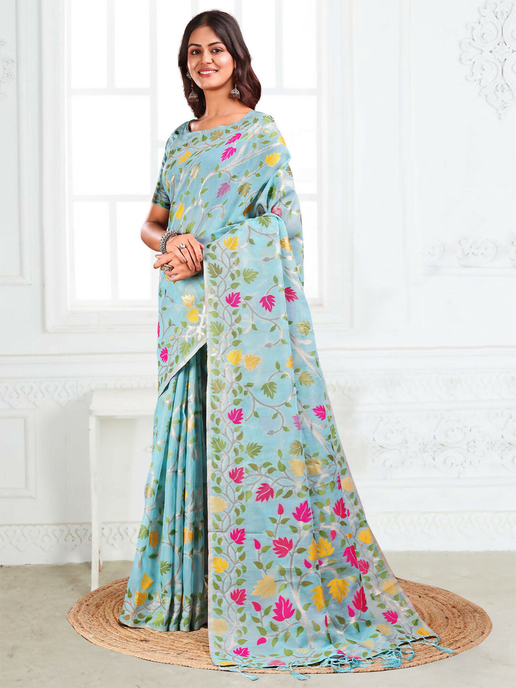 Shree Shyam Fashion Linen Cotton Sky Blue Saree - Distacart