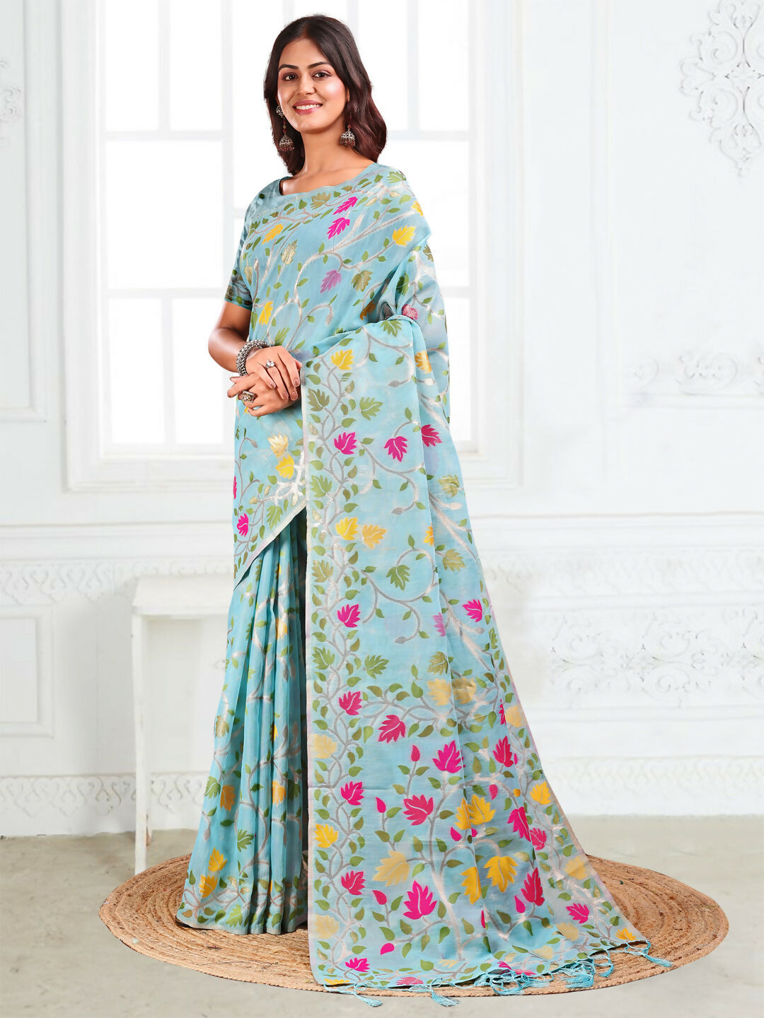 Shree Shyam Fashion Linen Cotton Sky Blue Saree - Distacart