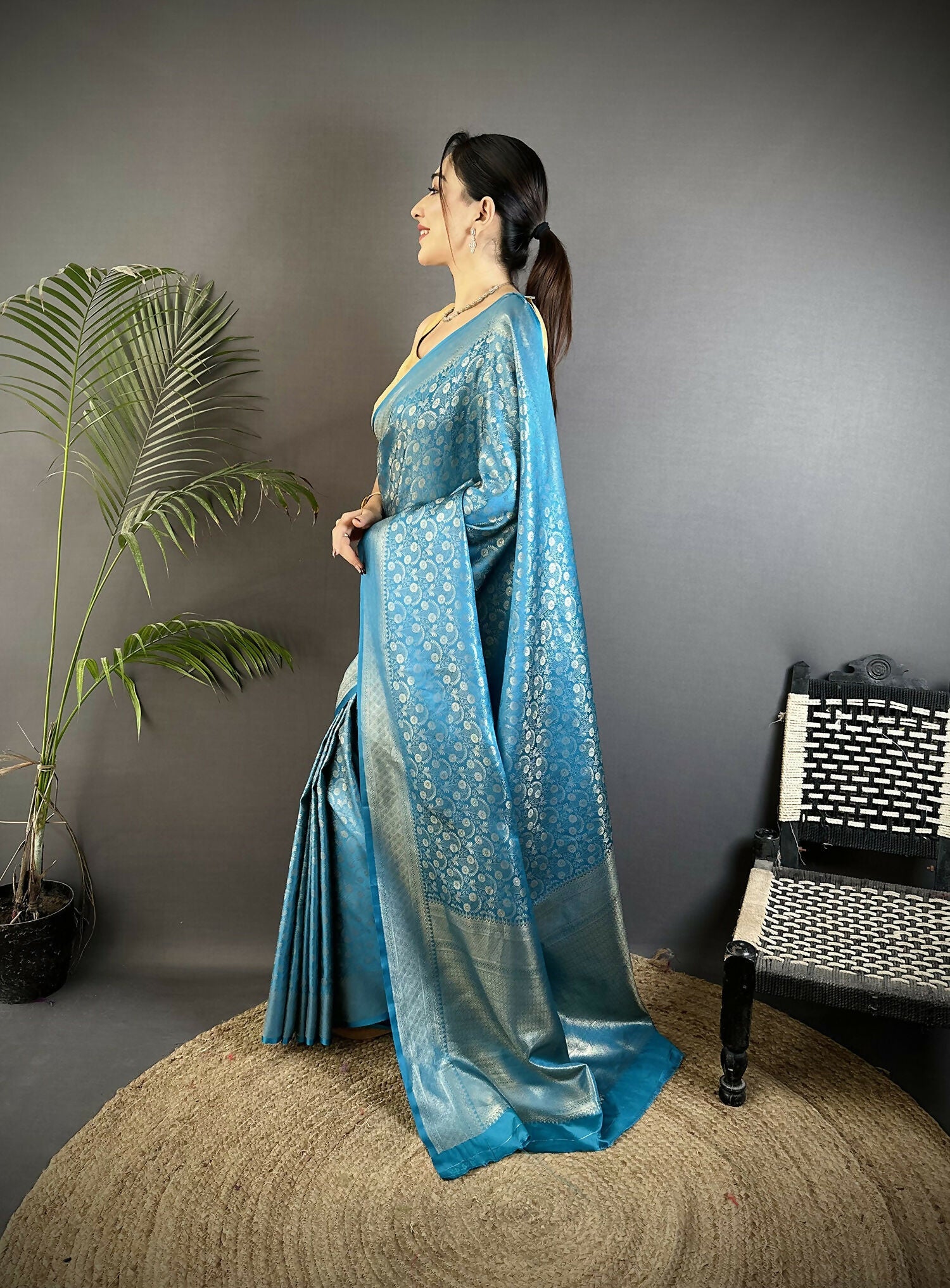 Joban Fashion Aqua Blue Floral & Paisley Motifs Soft Satin Silk Banarasi Saree - Distacart