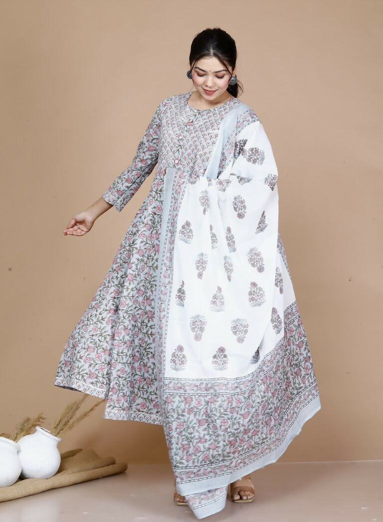 Miravan Women's Blue Printed With Gota Patti Work Anarkali Kurta With Dupatta