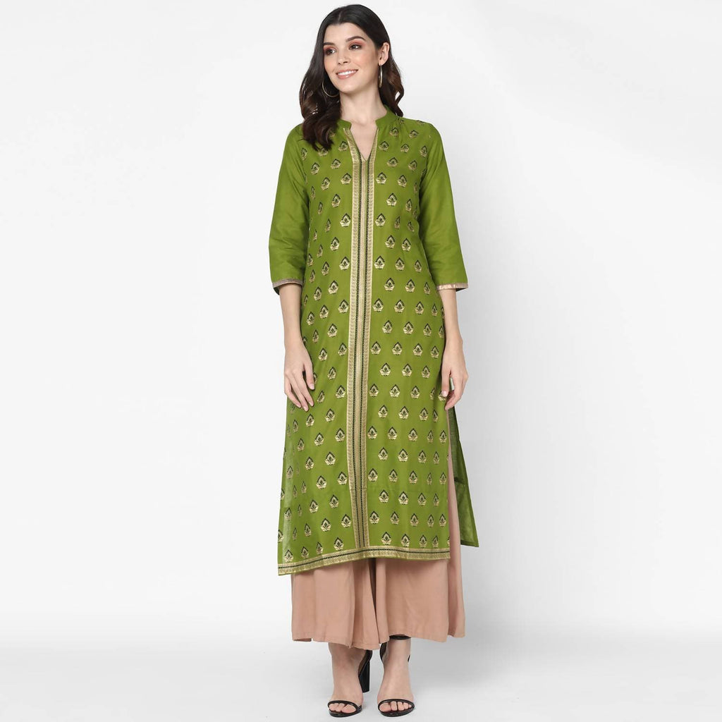 Cheera Hand Block Print Olive Green Straight Kurta (MAAI-044K)