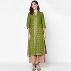 Cheera Hand Block Print Olive Green Straight Kurta (MAAI-044K)