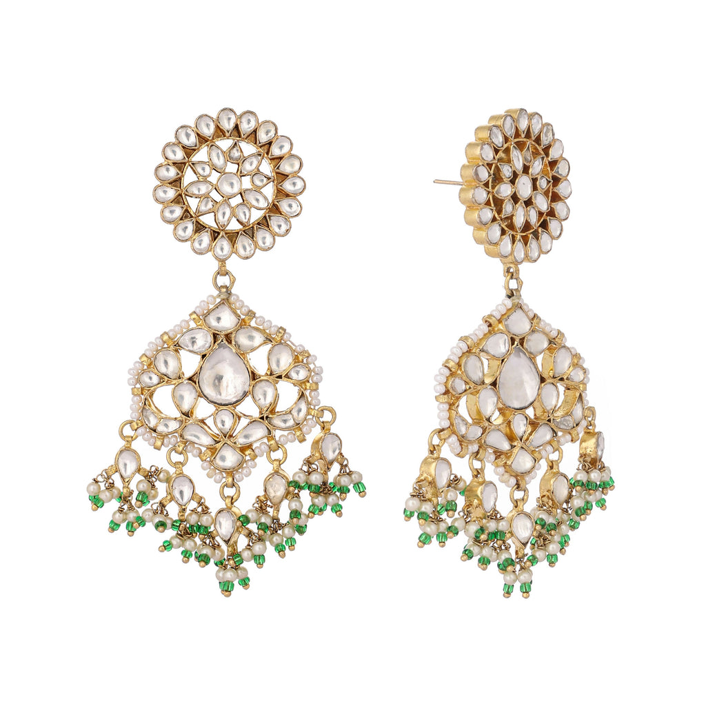 Nuyug 22K Gold Plated Traditional Kundan Studded Contemporary Dangler Earrings with Pearl and Green Bead Accents - Distacart