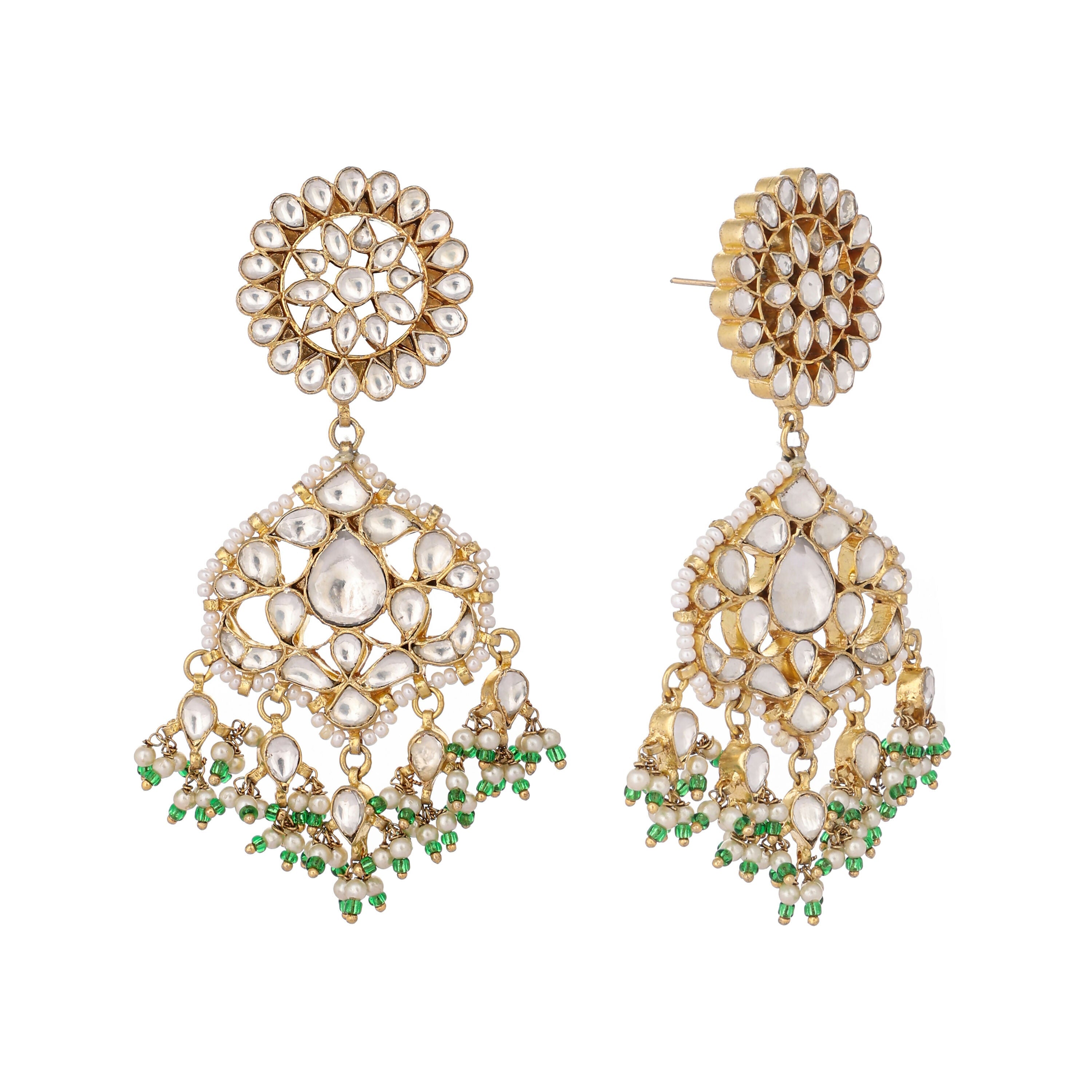 Nuyug 22K Gold Plated Traditional Kundan Studded Contemporary Dangler Earrings with Pearl and Green Bead Accents - Distacart