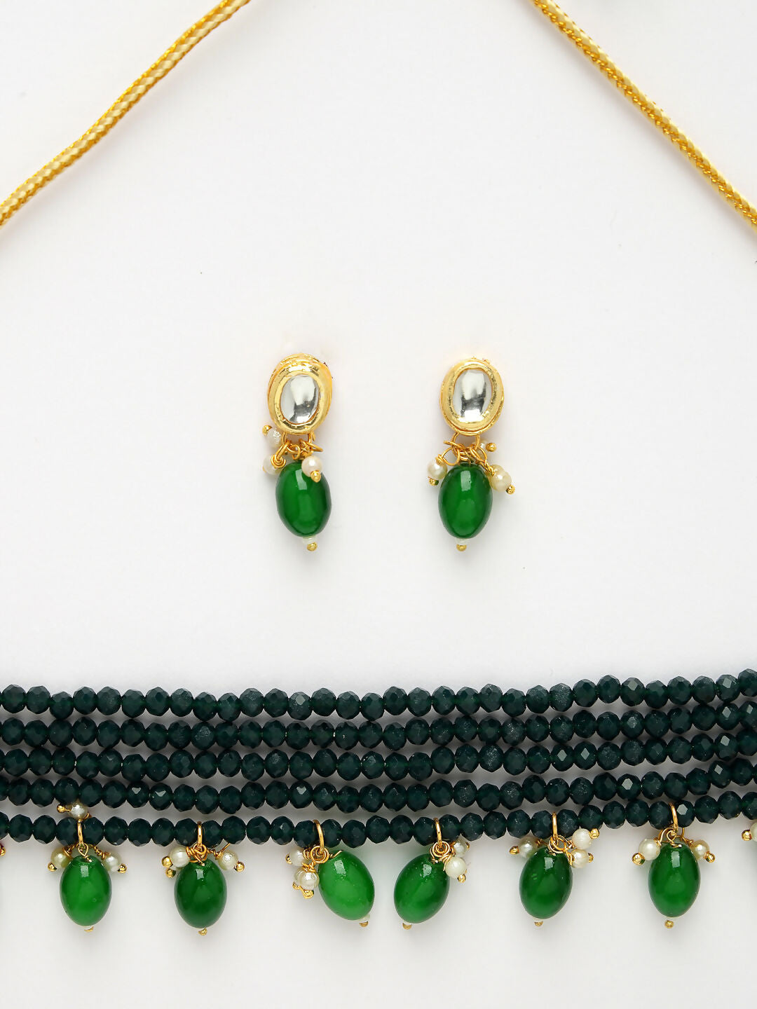 NVR Women's Green Artificial Beads Layered Necklace with Drop Earring
