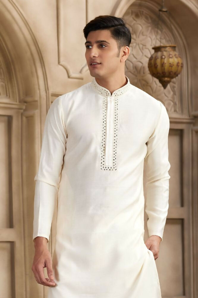 Raivat Ethnic Banarasi Art Silk Mirror Work Kurta Pajama In Cream Colour