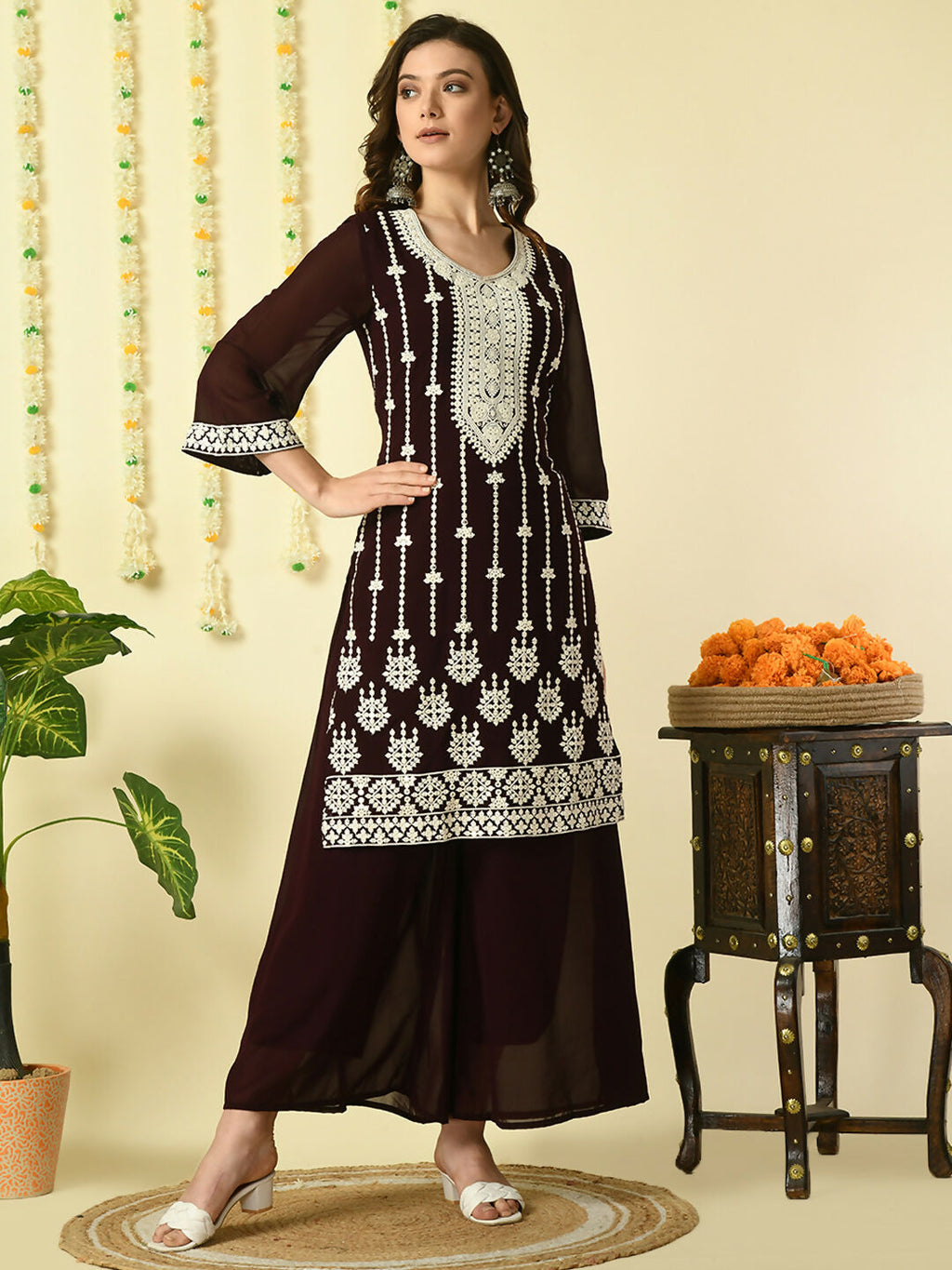 Myshka Women's Coffee Brown Georgette Kurta & Palazzos With Dupatta Party Sets