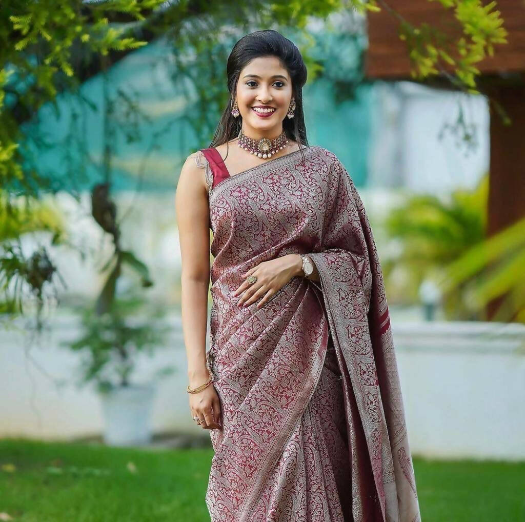 DEIANA'S Beautiful Designer Golden zari Soft Lichi Silk Saree - Wine