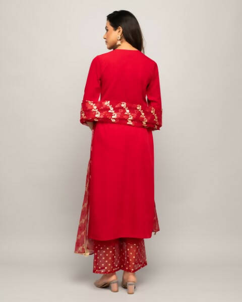 FIORRA Women's Red Creap A-Line Kurta Palazzo Set With Dupatta
