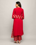 FIORRA Women's Red Creap A-Line Kurta Palazzo Set With Dupatta