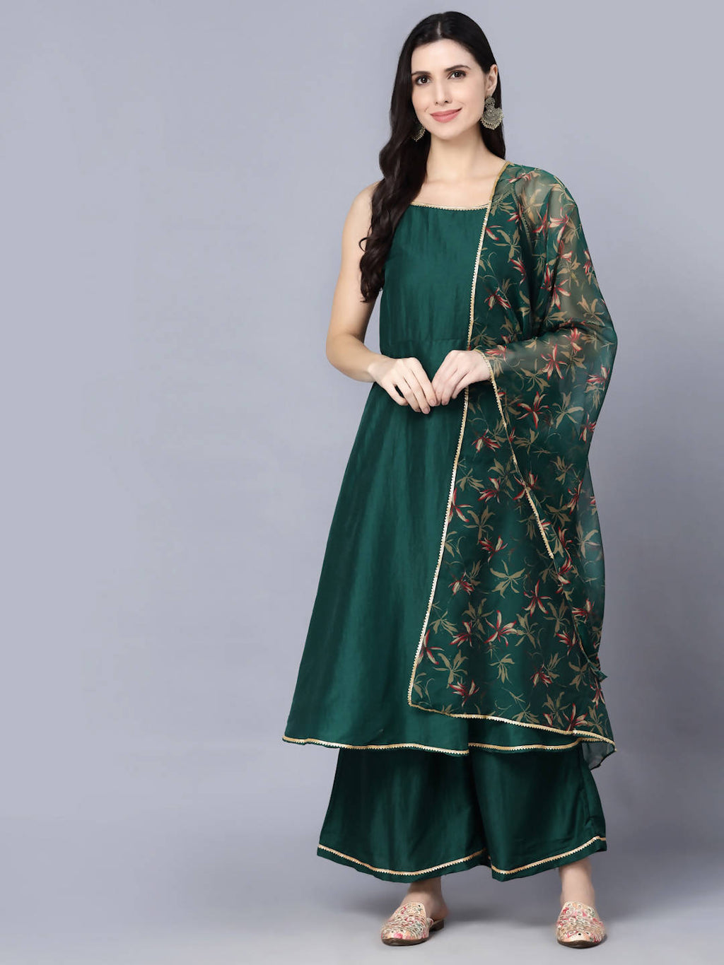 Myshka Women Green Ethnic Motifs Yoke Design Panelled Kurti with Sharara With Dupatta - Distacart