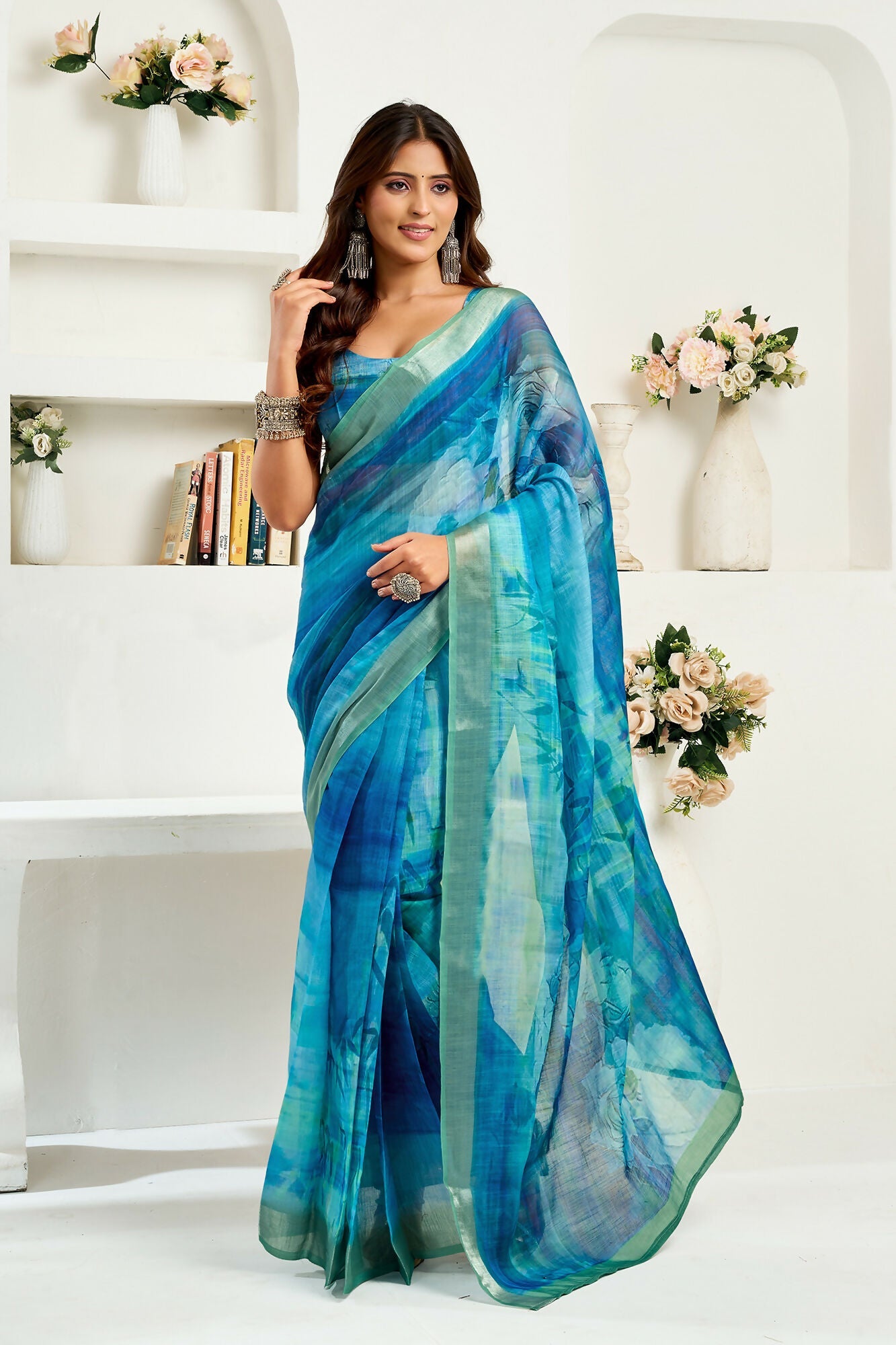 Vastranavya Aqua Blue Digital Printed Linen Ready To Wear Designer Saree with Unstitched Blouse - Distacart