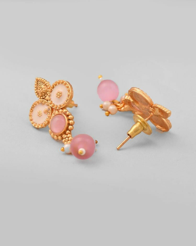 VOJ Gold Tone Pink Stone Studded Jewellery Set