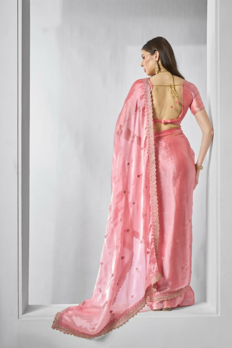 Coral Burburry silk Designer Embroidery Work Saree - Shezlin