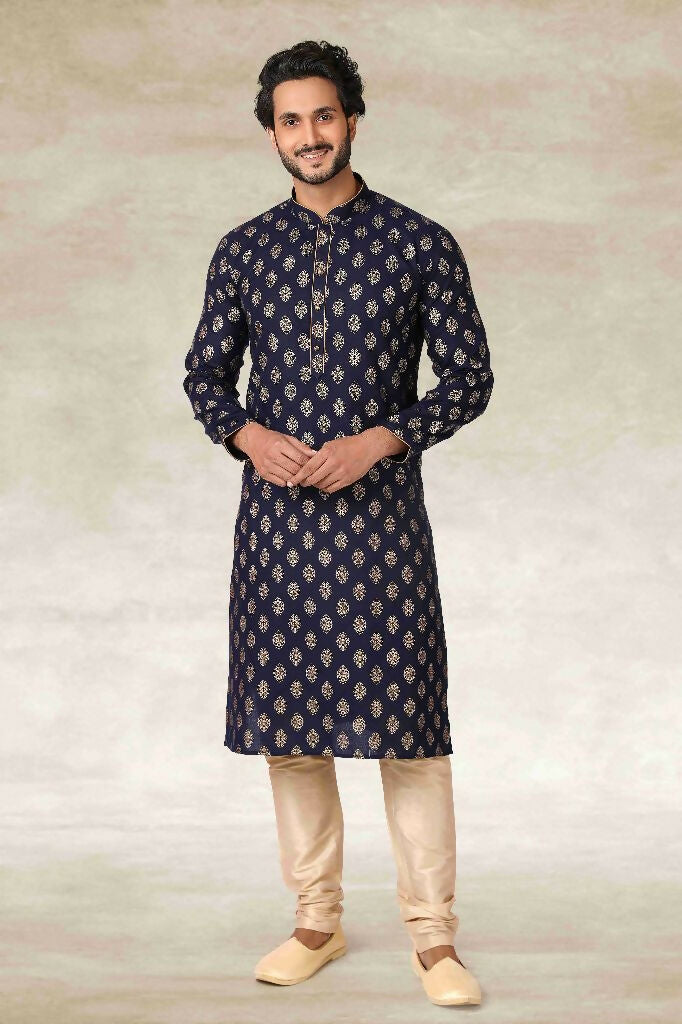 Raivat Ethnic Cotton Printed Work Kurta Pajama In Navy Blue Colour