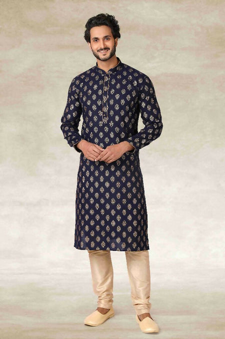 Raivat Ethnic Cotton Printed Work Kurta Pajama In Navy Blue Colour