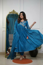 The52 Petrol Women's Beautiful Parampara Fabric Embroidered Work Flared Kurta Pant and Dupatta Set - Distacart