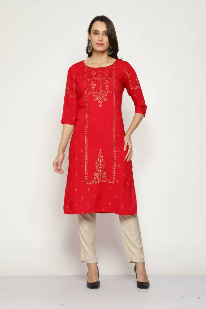 Maai Rayon Hand Printed Kurta Red - Distacart