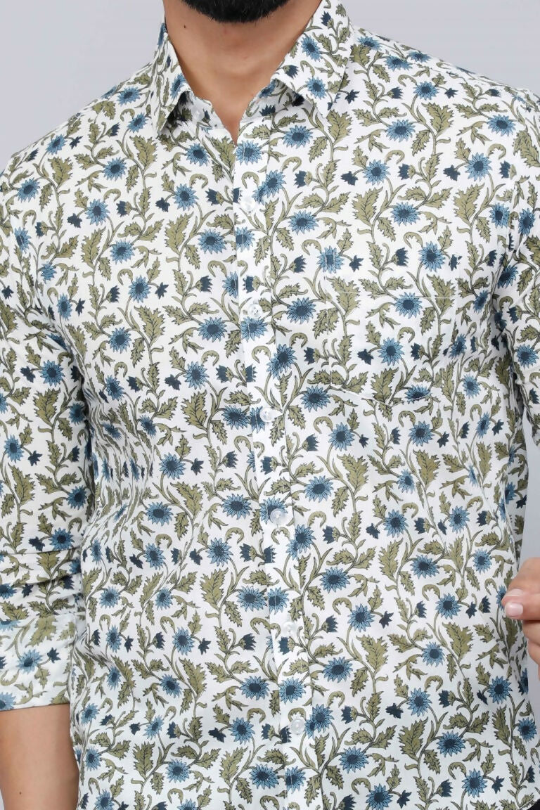 Miravan Men's White & Blue Floral Print Cotton Regular Fit Shirt