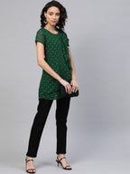 Ahalyaa Women Green Georgette Golden Polka Dots Print Layered Tunic