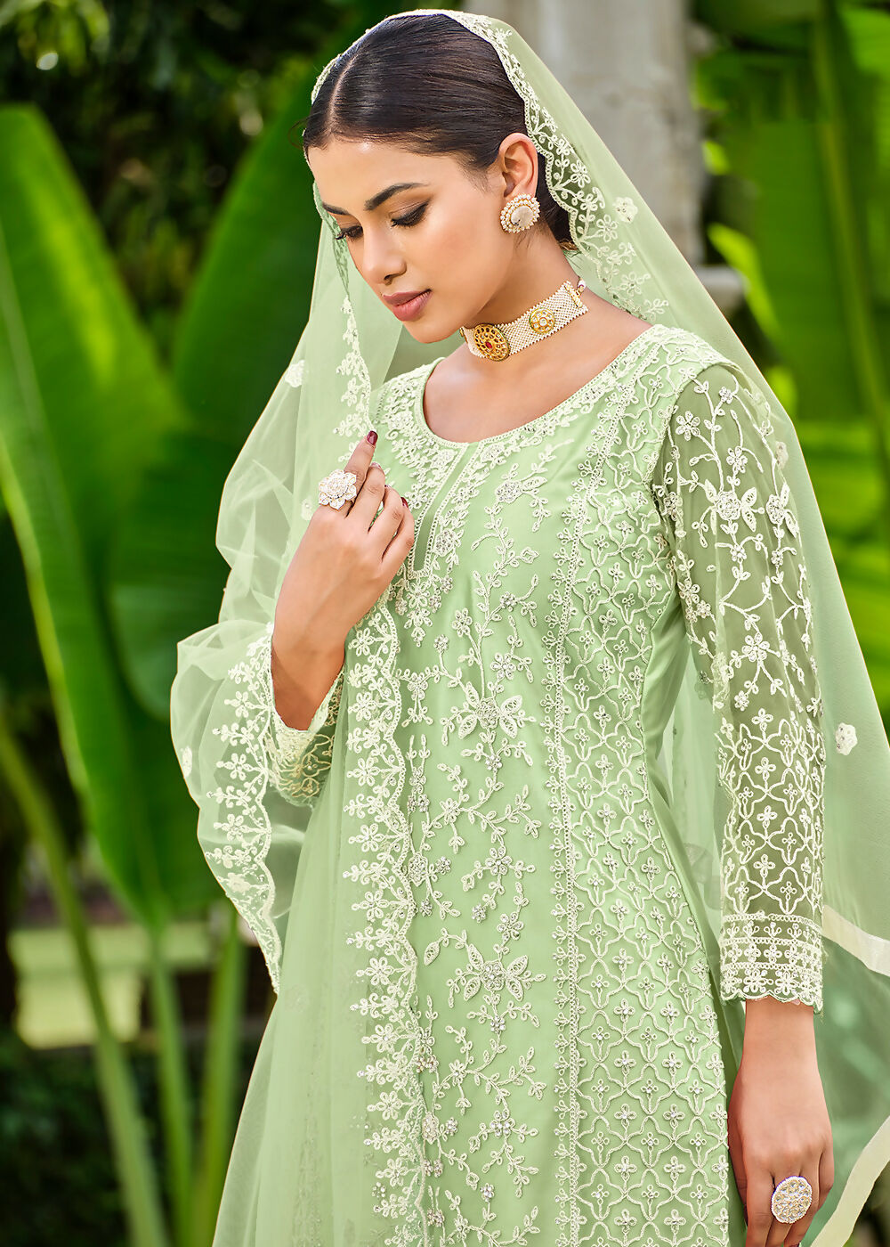 Pista Green Stone & Cording Work Festive Palazzo Suit - Emponline