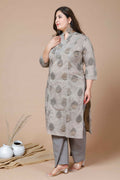 Miravan Women's Plus Size Beige Printed Gota Patti Pure Cotton Kurta With Palazzo
