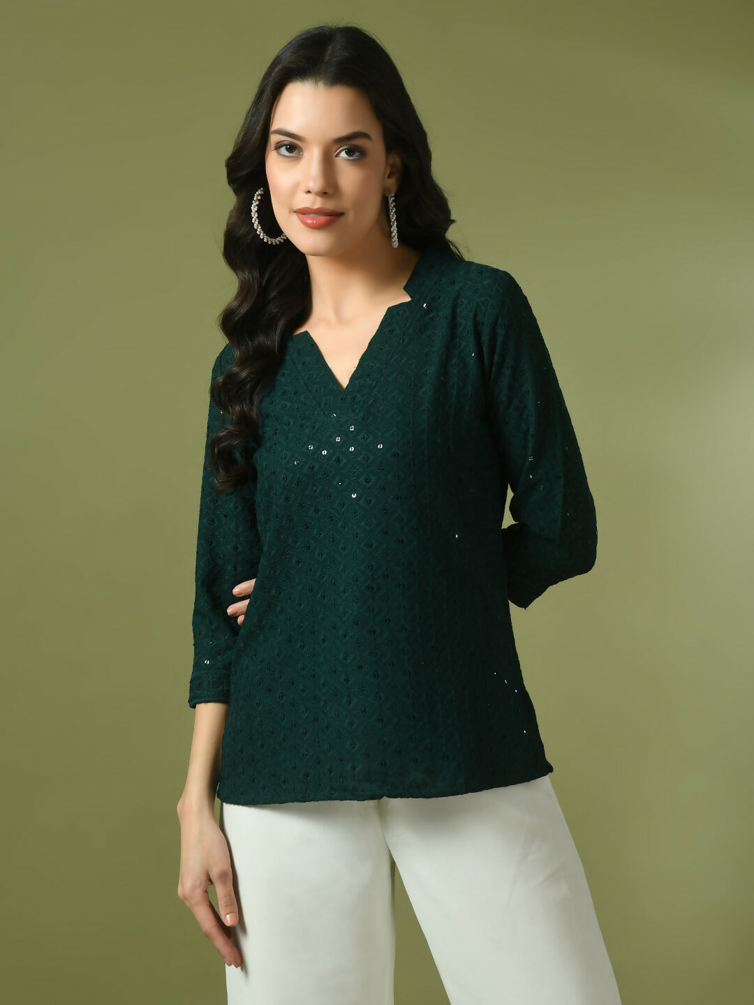 Myshka Women's Green Embellished Cotton Regular Party Tunic