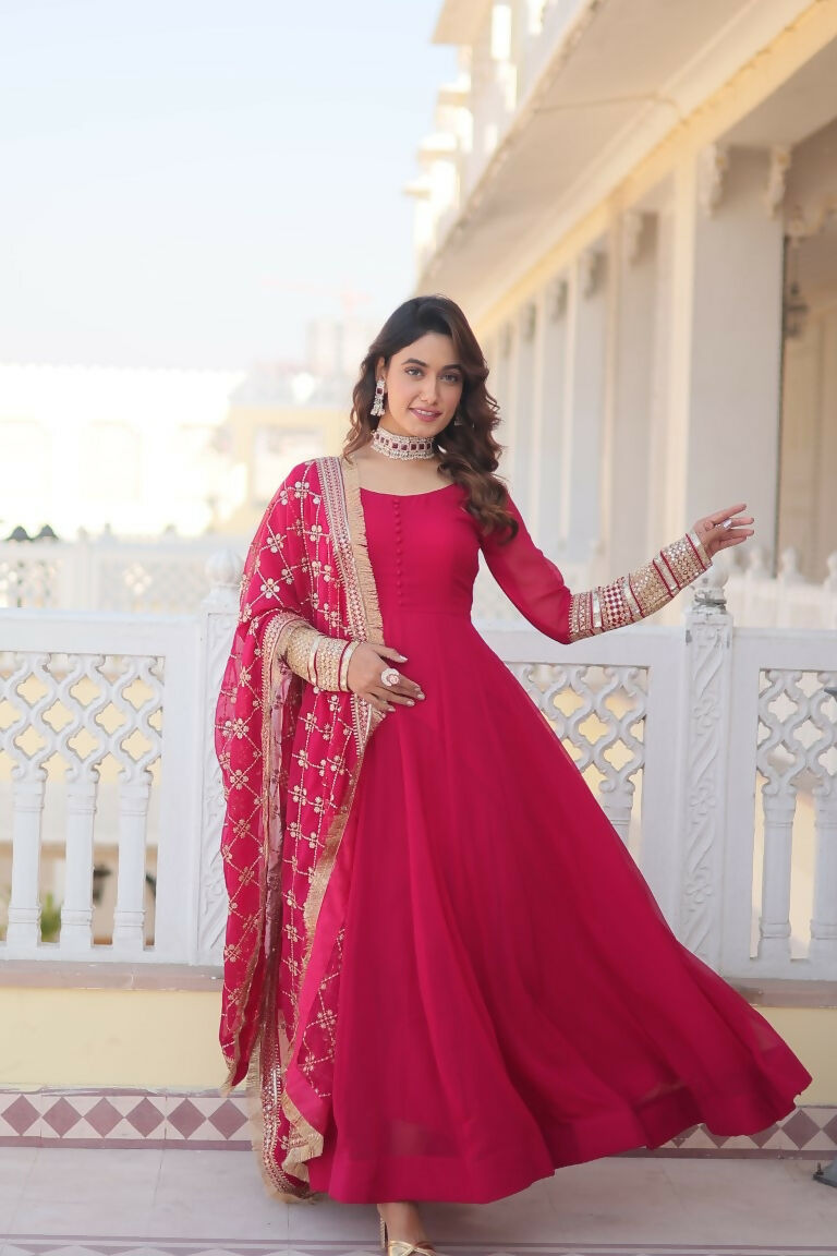 Jyoti Fashion Women's Rani Pink Faux Blooming Sequins Zari Embroidered Anarkali Dress with Dupatta