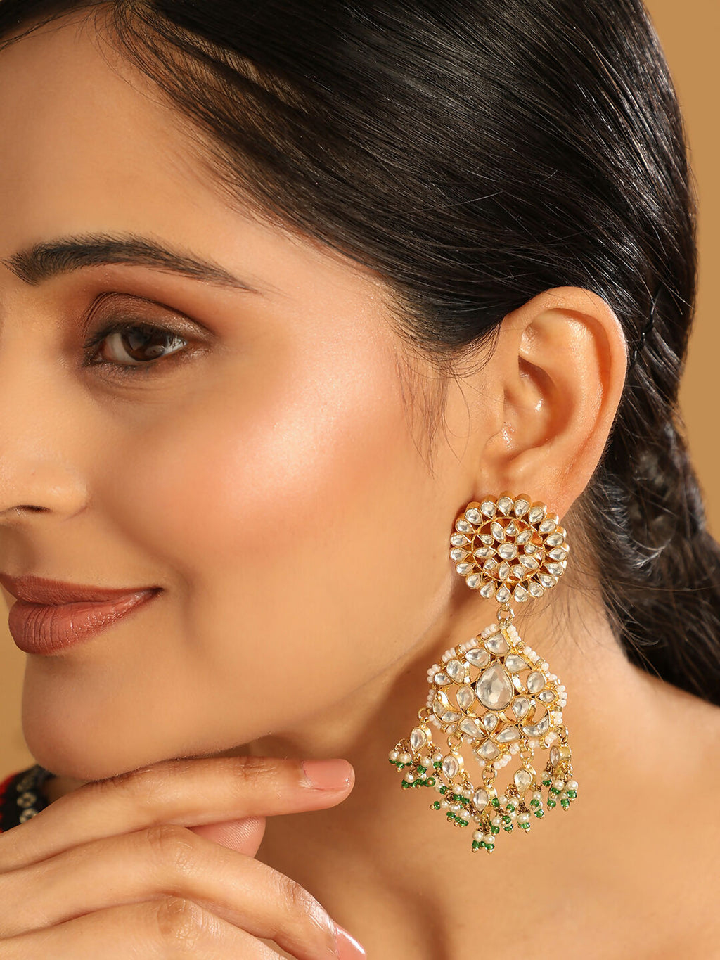 Nuyug 22K Gold Plated Traditional Kundan Studded Contemporary Dangler Earrings with Pearl and Green Bead Accents - Distacart