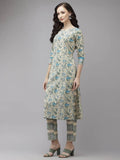 Yufta Women Beige Floral Printed Regular Pure Cotton Kurta with Trouser