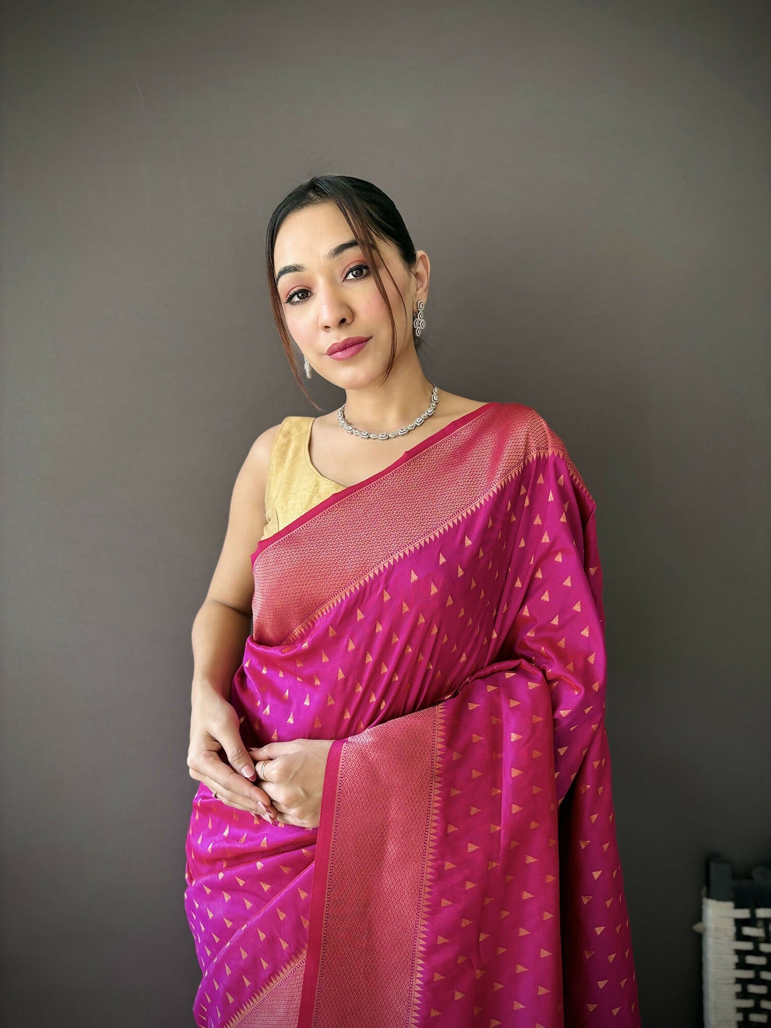 Joban Fashion Rani Pink Jacquard Butti Soft Lichi Silk Paithani Saree - Distacart