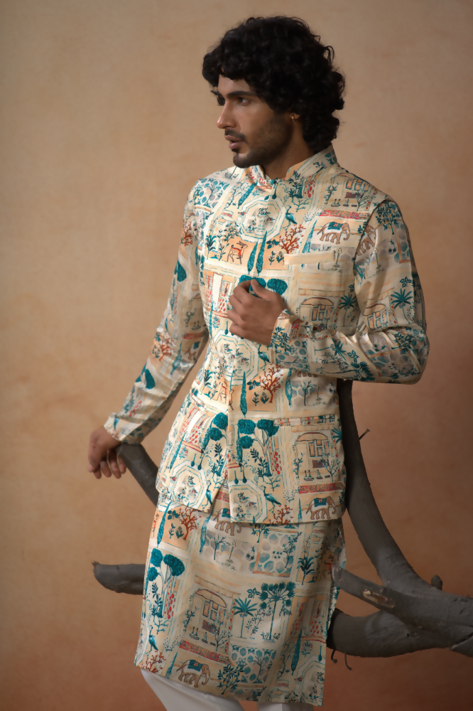 Classic Forest Print Silk Nehrujacket Set by Hilo Design