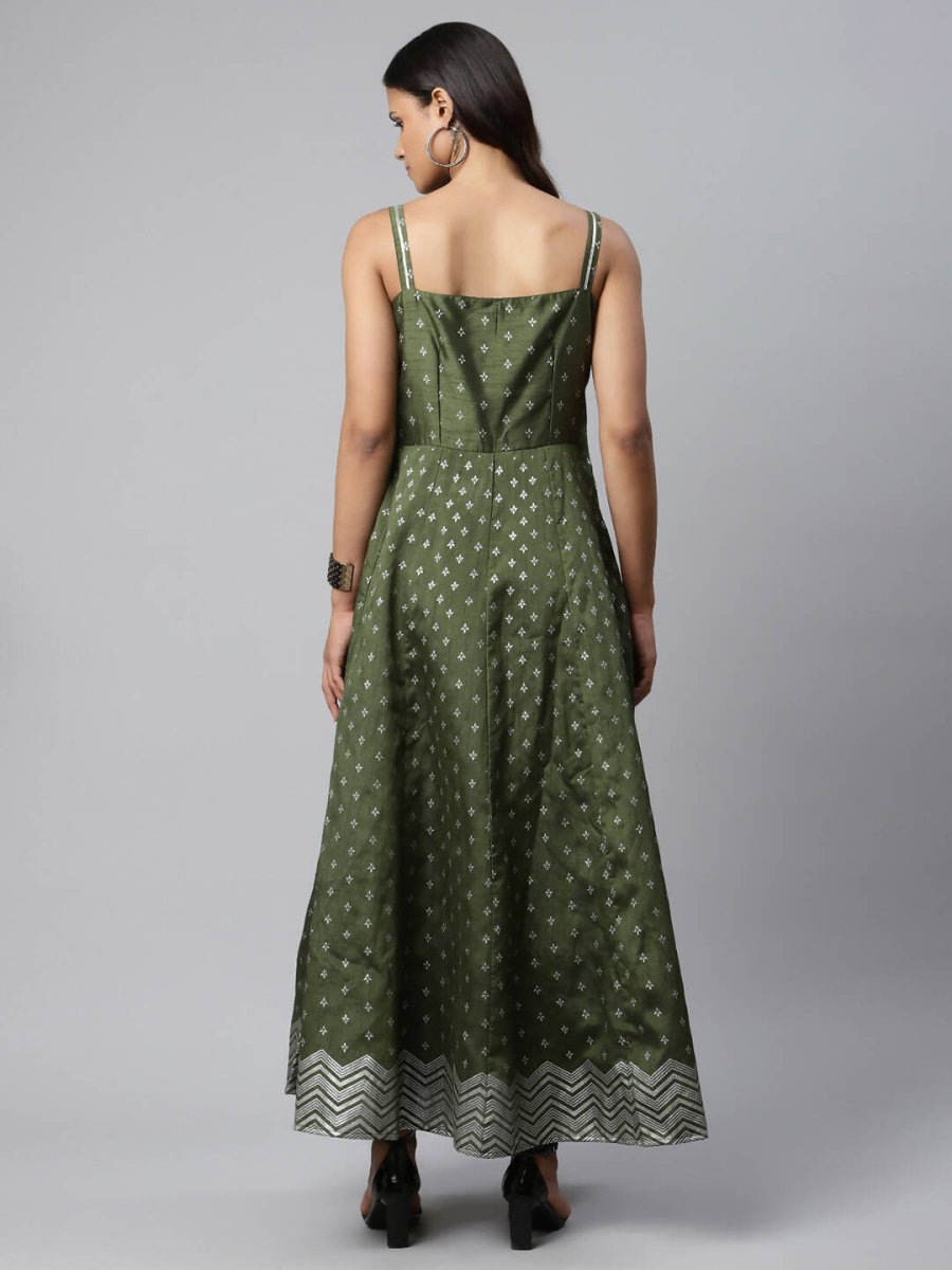 Ahalyaa Women Olive Poly Silk Silver Foil Printed Dress - Distacart