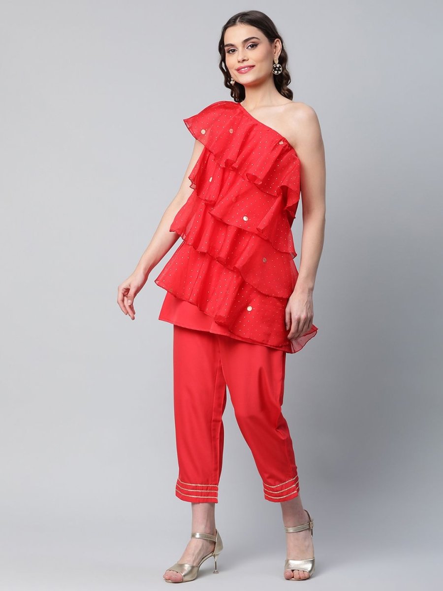 Ahalyaa Red Printed Layered Top with Trousers - Distacart