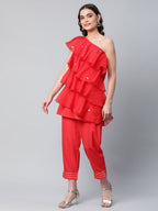Ahalyaa Red Printed Layered Top with Trousers - Distacart
