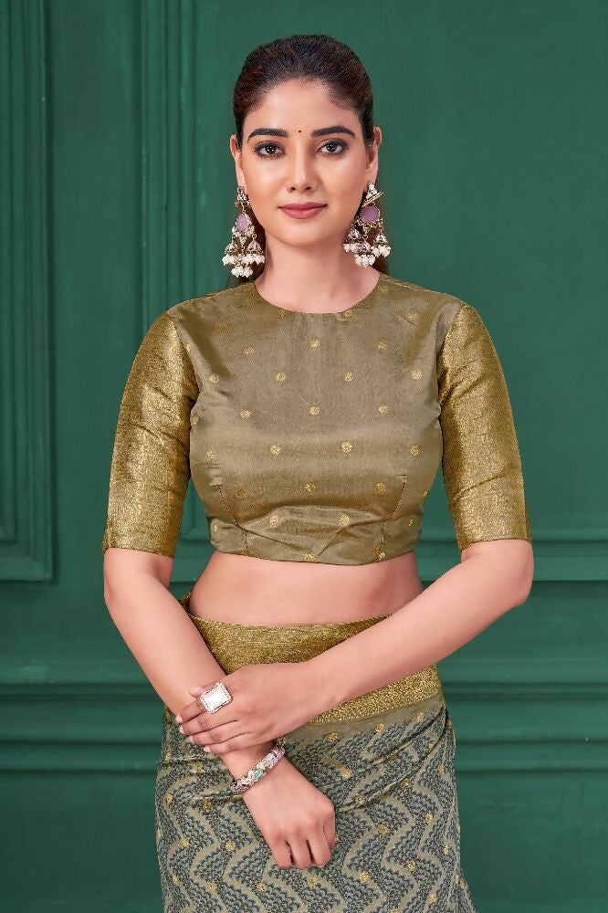 Grey Tussar Silk Jacquard Abstract Digital Print Saree with Unstitched Blouse - Mohira