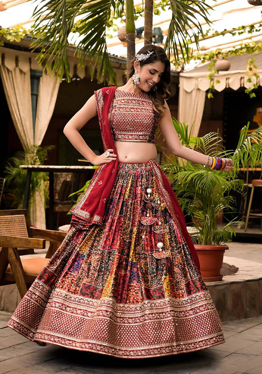 Women's Wedding Traditional Multi Dull Satin Lehenga Choli - Kaushlya