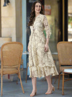Souchii Floral Tiered Midi Dress For Women – Elegant Beige Button-Front A-Line