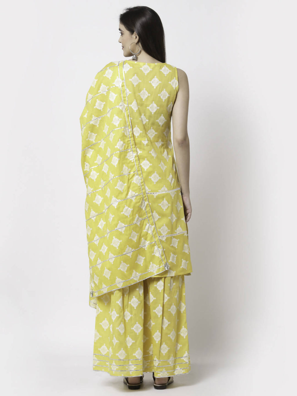 Myshka Yellow Pure Cotton Printed Sleeveless Round Neck Kurta Palazzo Dupatta Set