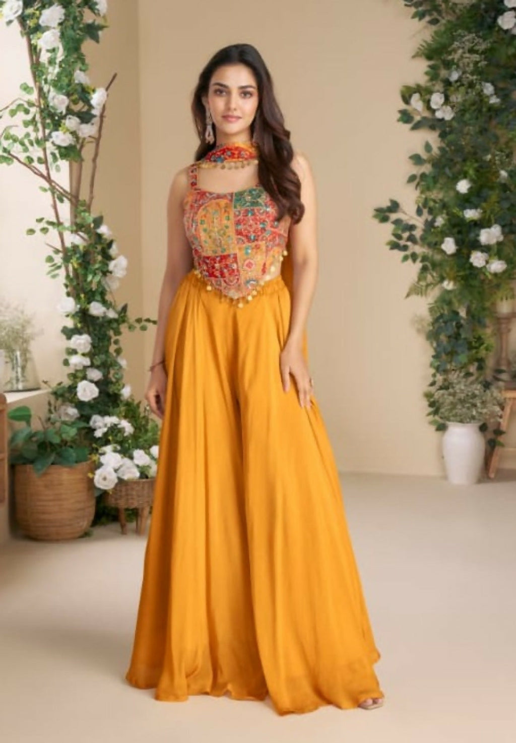 Anaita Orange Heavy Chinon Stitched 3 Piece Set With Sequence & Mirror Work