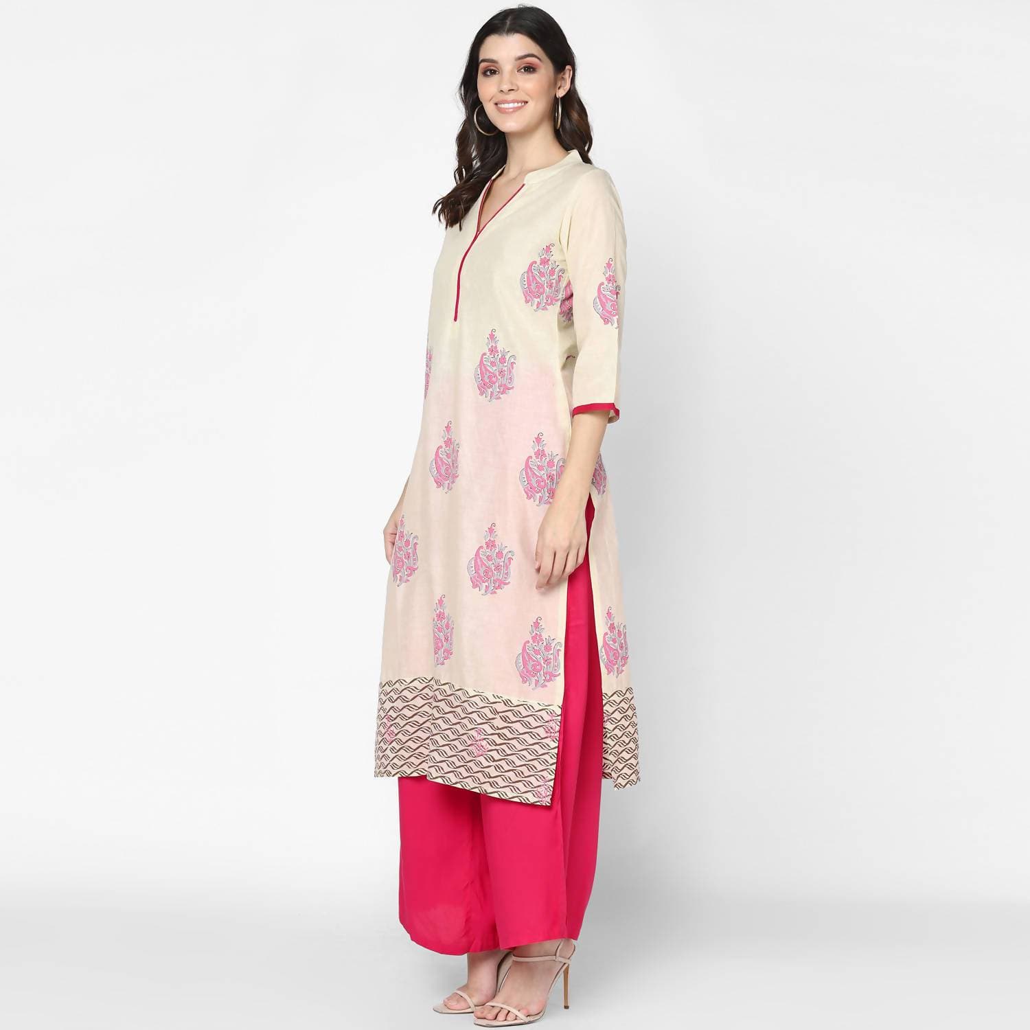 Cheera Hand Block Print Cream Straight Kurta (MAAI-061K)