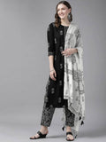 Yufta Women Black & White Ethnic Print Sequined Pure Cotton Kurta with Trouser and Dupatta