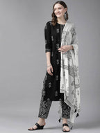 Yufta Women Black & White Ethnic Print Sequined Pure Cotton Kurta with Trouser and Dupatta